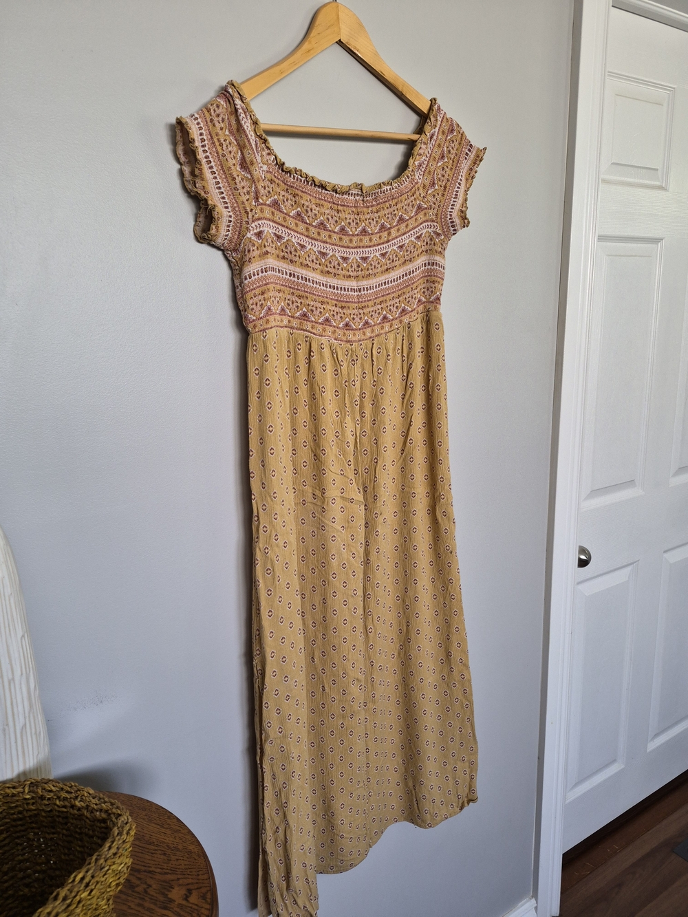 Smocked Neckline Maxi Dress in Mustard with Pink